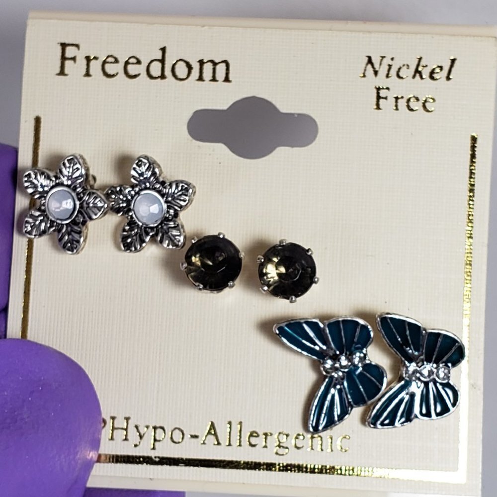 Set of 3 Stylish Yellow Crystal Flower, Green Butterfly designs Stud Earrings